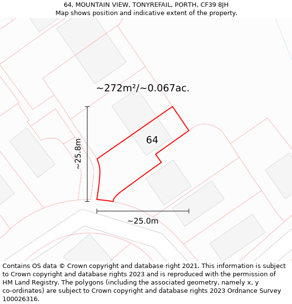 64, MOUNTAIN VIEW, TONYREFAIL, PORTH, CF39 8JH: Plot and title map