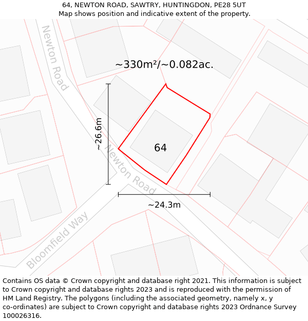 64, NEWTON ROAD, SAWTRY, HUNTINGDON, PE28 5UT: Plot and title map