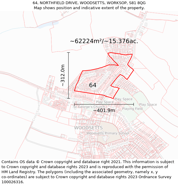 64, NORTHFIELD DRIVE, WOODSETTS, WORKSOP, S81 8QG: Plot and title map