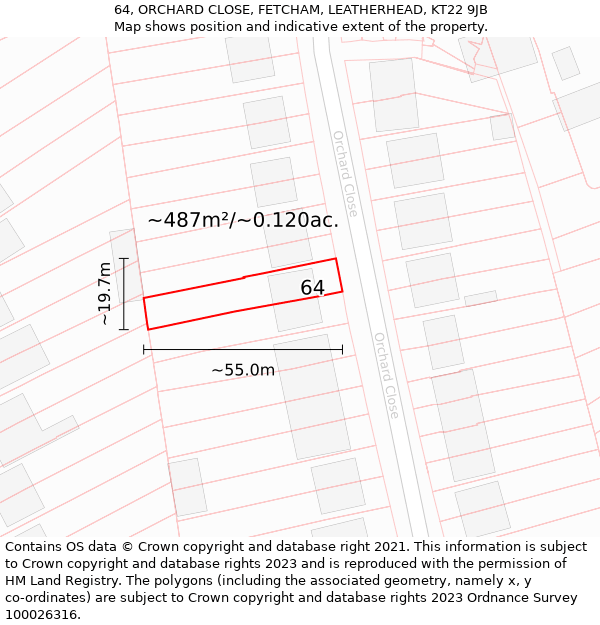 64, ORCHARD CLOSE, FETCHAM, LEATHERHEAD, KT22 9JB: Plot and title map