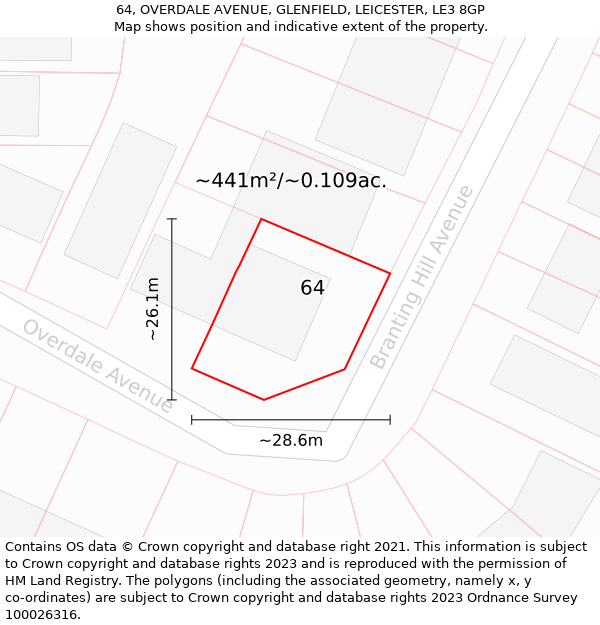 64, OVERDALE AVENUE, GLENFIELD, LEICESTER, LE3 8GP: Plot and title map