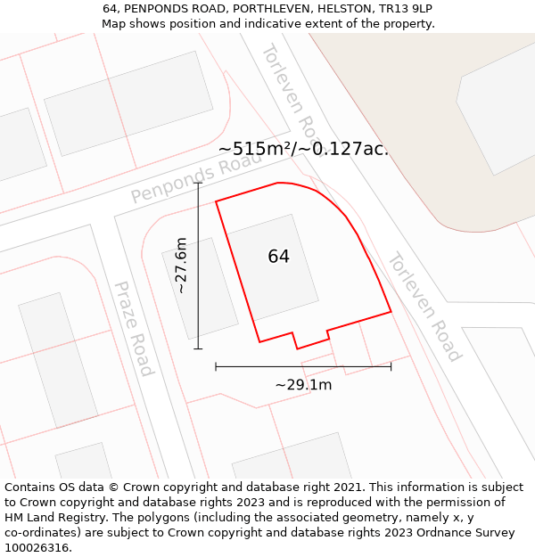 64, PENPONDS ROAD, PORTHLEVEN, HELSTON, TR13 9LP: Plot and title map