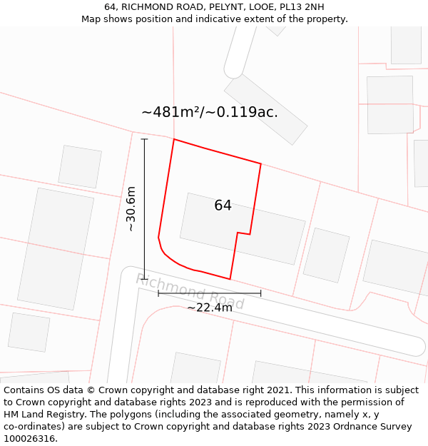 64, RICHMOND ROAD, PELYNT, LOOE, PL13 2NH: Plot and title map