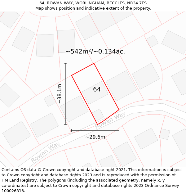 64, ROWAN WAY, WORLINGHAM, BECCLES, NR34 7ES: Plot and title map