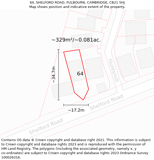 64, SHELFORD ROAD, FULBOURN, CAMBRIDGE, CB21 5HJ: Plot and title map