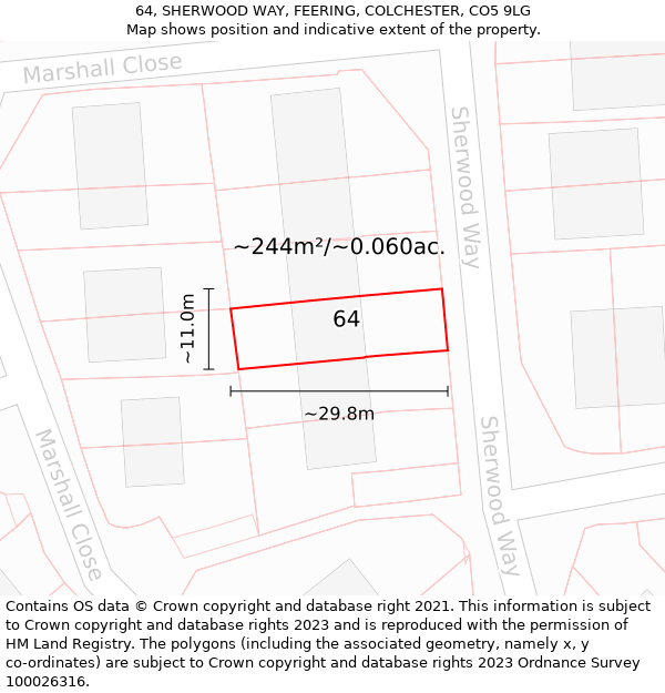 64, SHERWOOD WAY, FEERING, COLCHESTER, CO5 9LG: Plot and title map