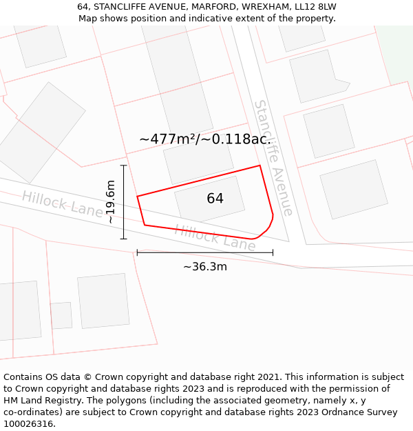 64, STANCLIFFE AVENUE, MARFORD, WREXHAM, LL12 8LW: Plot and title map