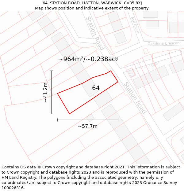 64, STATION ROAD, HATTON, WARWICK, CV35 8XJ: Plot and title map