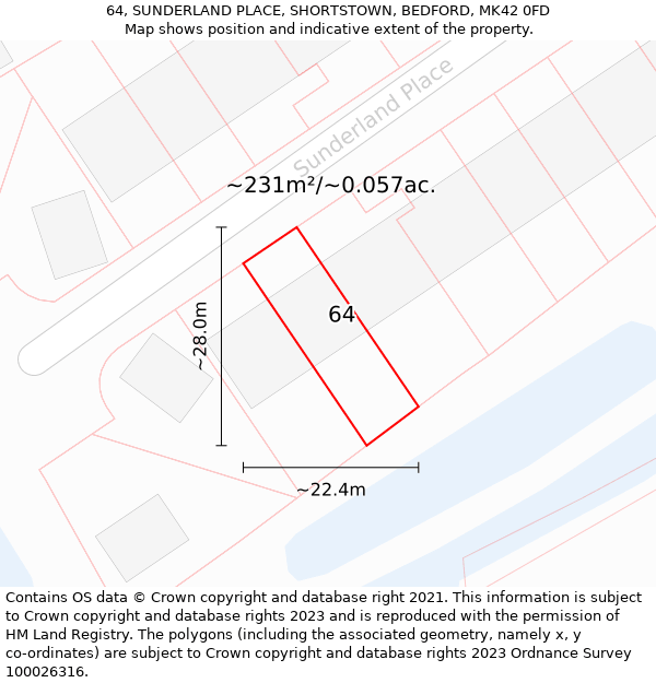 64, SUNDERLAND PLACE, SHORTSTOWN, BEDFORD, MK42 0FD: Plot and title map