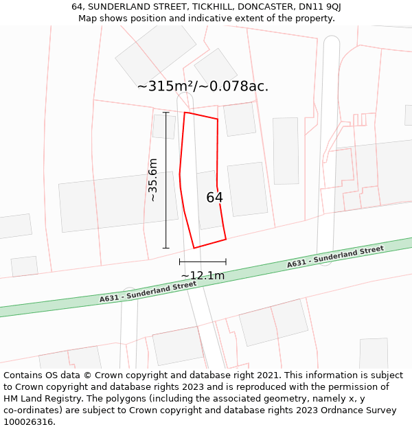 64, SUNDERLAND STREET, TICKHILL, DONCASTER, DN11 9QJ: Plot and title map