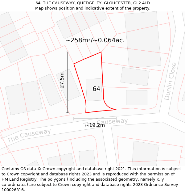 64, THE CAUSEWAY, QUEDGELEY, GLOUCESTER, GL2 4LD: Plot and title map