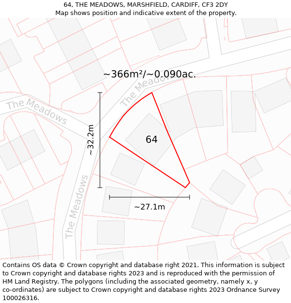 64, THE MEADOWS, MARSHFIELD, CARDIFF, CF3 2DY: Plot and title map