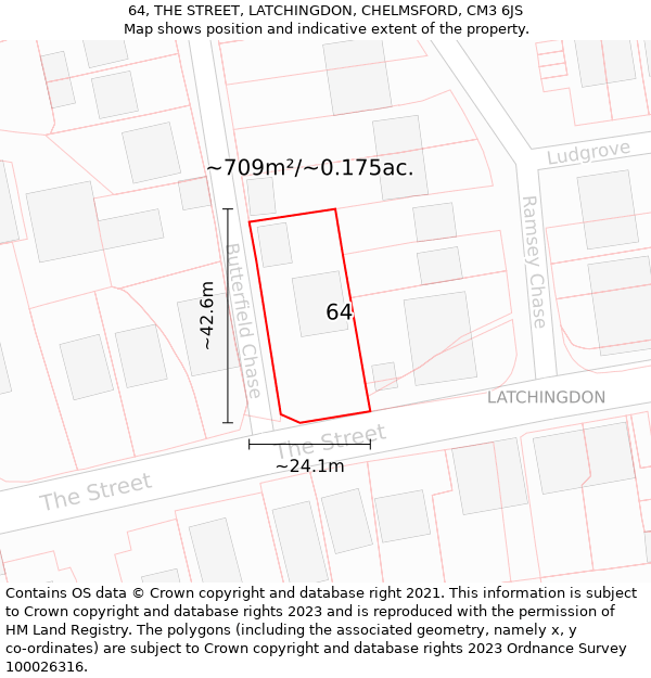 64, THE STREET, LATCHINGDON, CHELMSFORD, CM3 6JS: Plot and title map