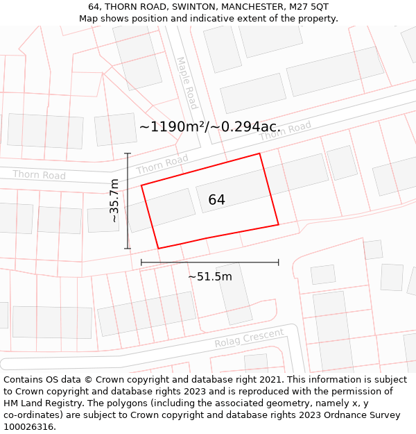 64, THORN ROAD, SWINTON, MANCHESTER, M27 5QT: Plot and title map