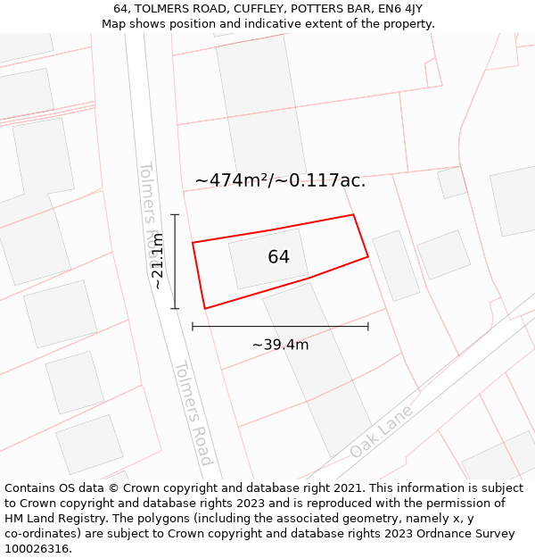 64, TOLMERS ROAD, CUFFLEY, POTTERS BAR, EN6 4JY: Plot and title map