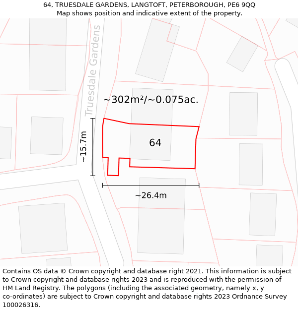 64, TRUESDALE GARDENS, LANGTOFT, PETERBOROUGH, PE6 9QQ: Plot and title map