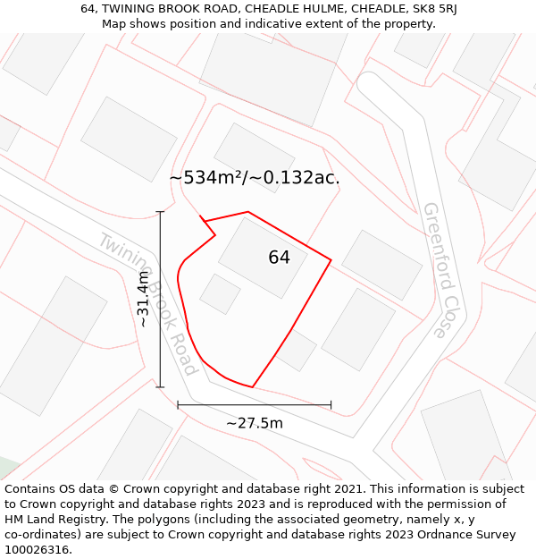 64, TWINING BROOK ROAD, CHEADLE HULME, CHEADLE, SK8 5RJ: Plot and title map