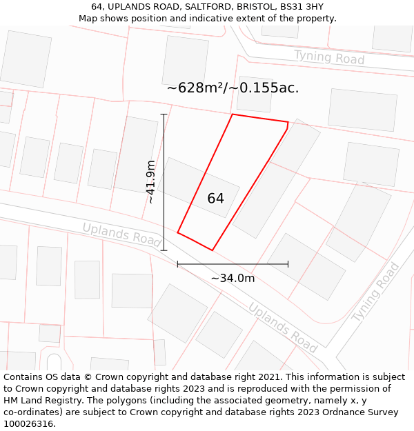 64, UPLANDS ROAD, SALTFORD, BRISTOL, BS31 3HY: Plot and title map