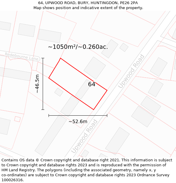 64, UPWOOD ROAD, BURY, HUNTINGDON, PE26 2PA: Plot and title map