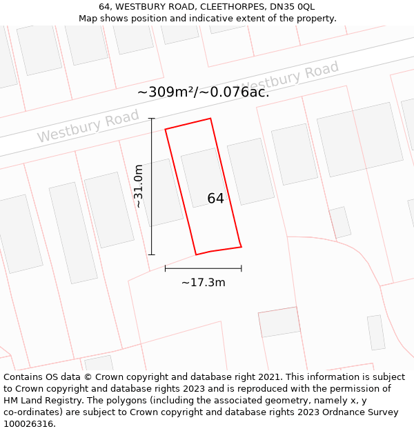 64, WESTBURY ROAD, CLEETHORPES, DN35 0QL: Plot and title map