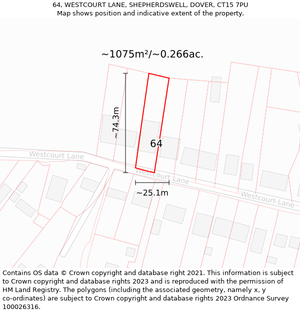 64, WESTCOURT LANE, SHEPHERDSWELL, DOVER, CT15 7PU: Plot and title map