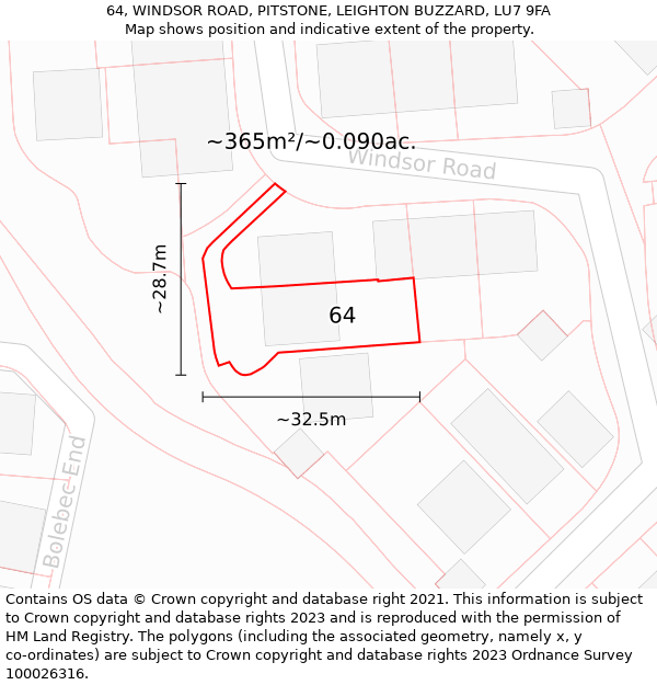 64, WINDSOR ROAD, PITSTONE, LEIGHTON BUZZARD, LU7 9FA: Plot and title map