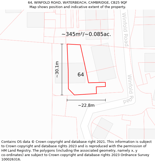 64, WINFOLD ROAD, WATERBEACH, CAMBRIDGE, CB25 9QF: Plot and title map