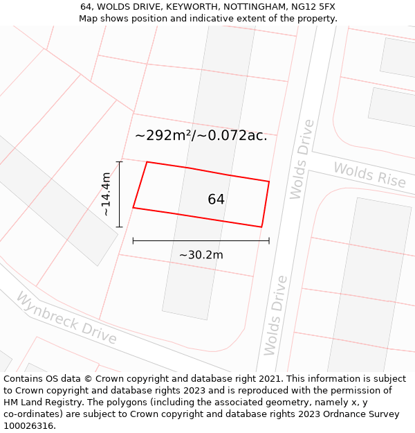 64, WOLDS DRIVE, KEYWORTH, NOTTINGHAM, NG12 5FX: Plot and title map