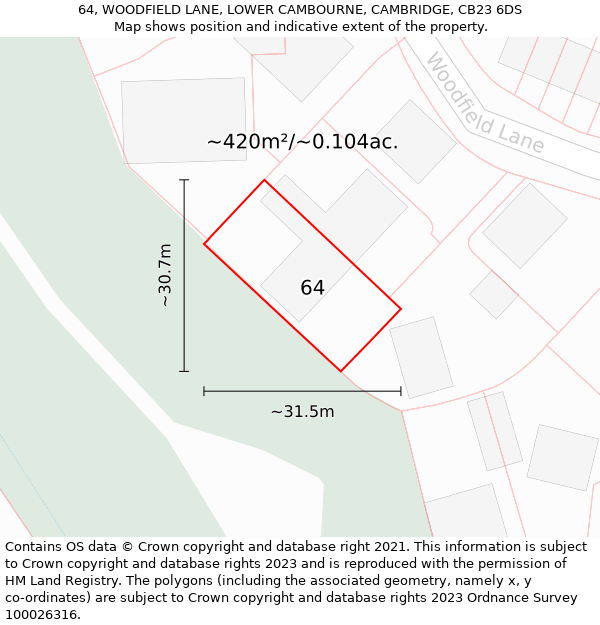 64, WOODFIELD LANE, LOWER CAMBOURNE, CAMBRIDGE, CB23 6DS: Plot and title map