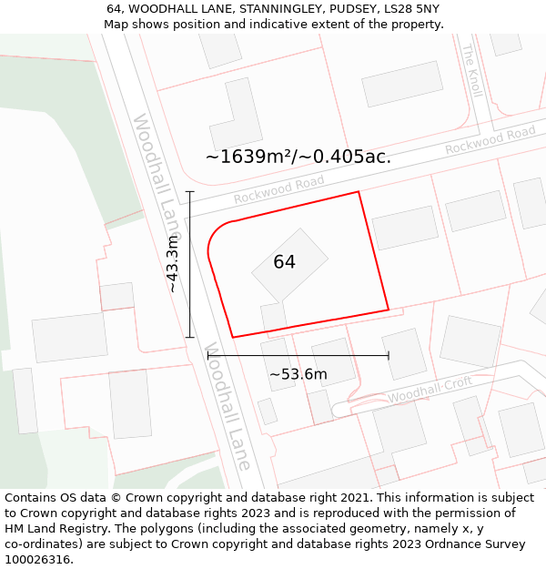 64, WOODHALL LANE, STANNINGLEY, PUDSEY, LS28 5NY: Plot and title map