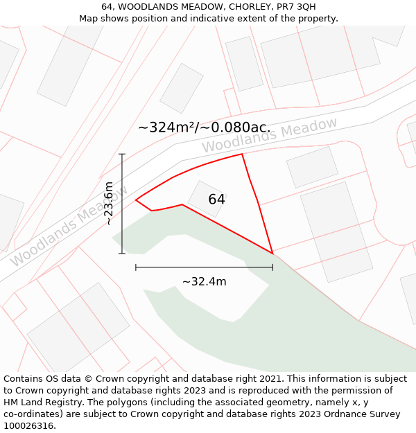 64, WOODLANDS MEADOW, CHORLEY, PR7 3QH: Plot and title map