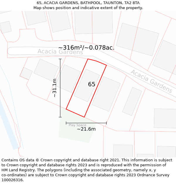 65, ACACIA GARDENS, BATHPOOL, TAUNTON, TA2 8TA: Plot and title map