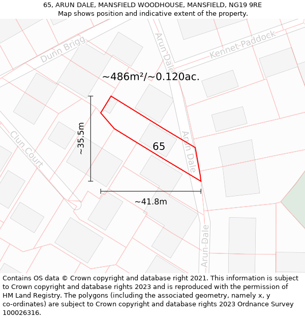 65, ARUN DALE, MANSFIELD WOODHOUSE, MANSFIELD, NG19 9RE: Plot and title map