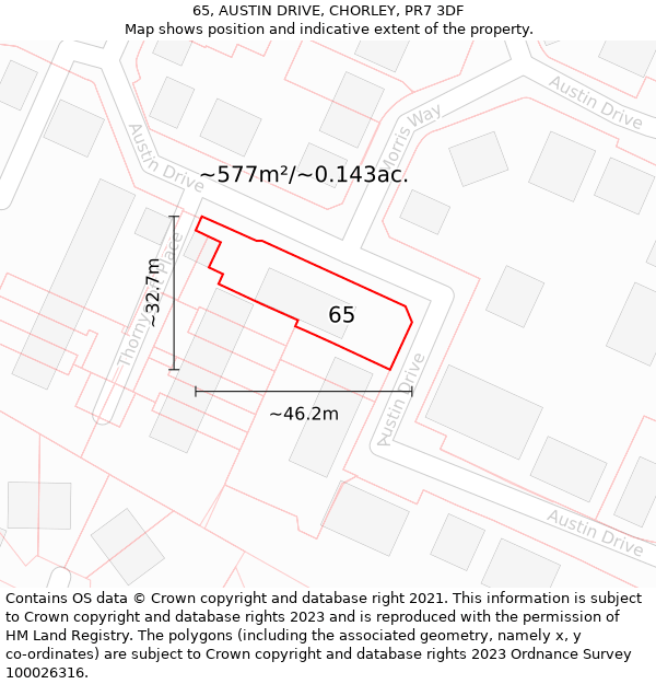 65, AUSTIN DRIVE, CHORLEY, PR7 3DF: Plot and title map