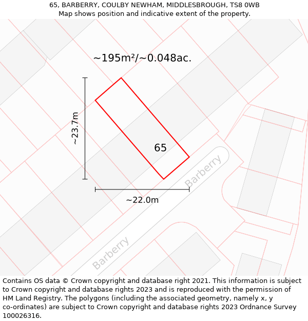 65, BARBERRY, COULBY NEWHAM, MIDDLESBROUGH, TS8 0WB: Plot and title map