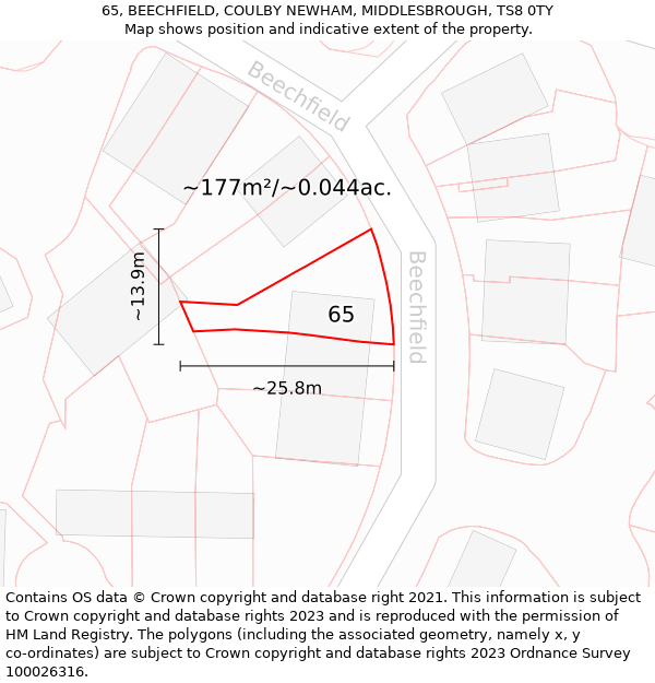 65, BEECHFIELD, COULBY NEWHAM, MIDDLESBROUGH, TS8 0TY: Plot and title map