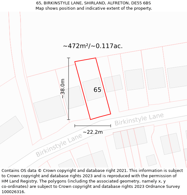 65, BIRKINSTYLE LANE, SHIRLAND, ALFRETON, DE55 6BS: Plot and title map