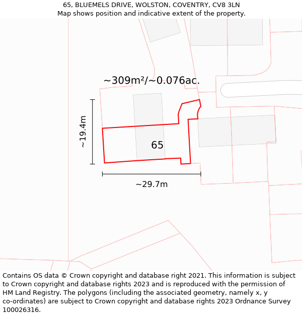 65, BLUEMELS DRIVE, WOLSTON, COVENTRY, CV8 3LN: Plot and title map