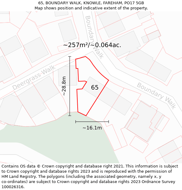 65, BOUNDARY WALK, KNOWLE, FAREHAM, PO17 5GB: Plot and title map