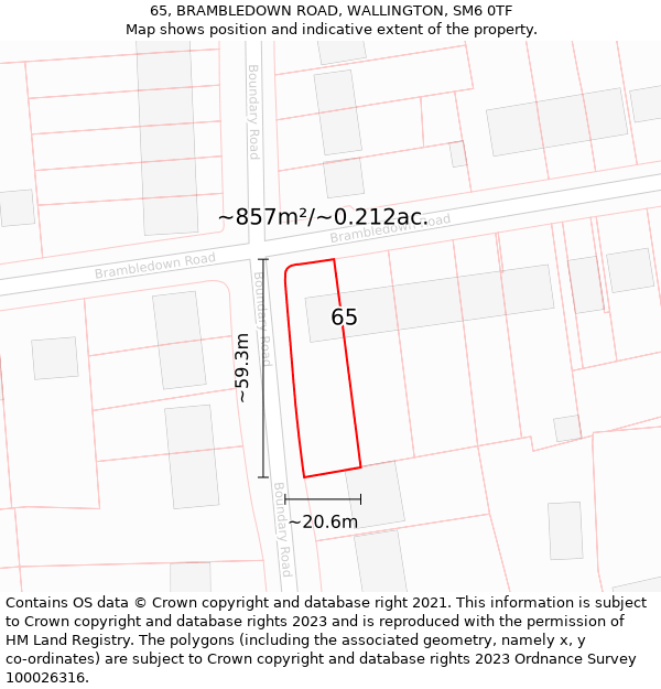 65, BRAMBLEDOWN ROAD, WALLINGTON, SM6 0TF: Plot and title map