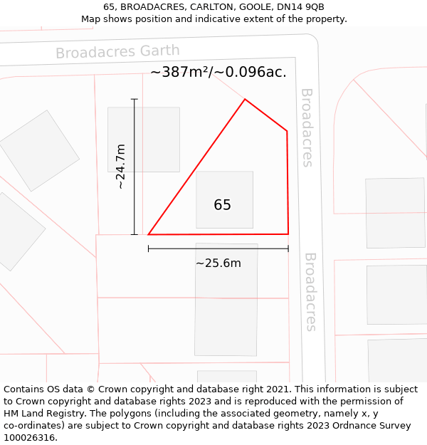 65, BROADACRES, CARLTON, GOOLE, DN14 9QB: Plot and title map