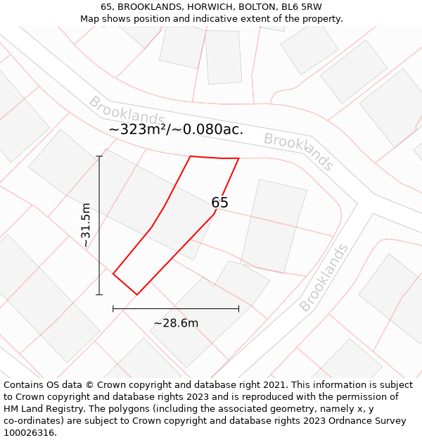 65, BROOKLANDS, HORWICH, BOLTON, BL6 5RW: Plot and title map