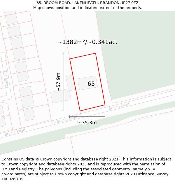 65, BROOM ROAD, LAKENHEATH, BRANDON, IP27 9EZ: Plot and title map