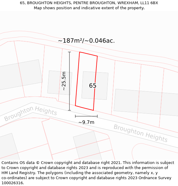 65, BROUGHTON HEIGHTS, PENTRE BROUGHTON, WREXHAM, LL11 6BX: Plot and title map