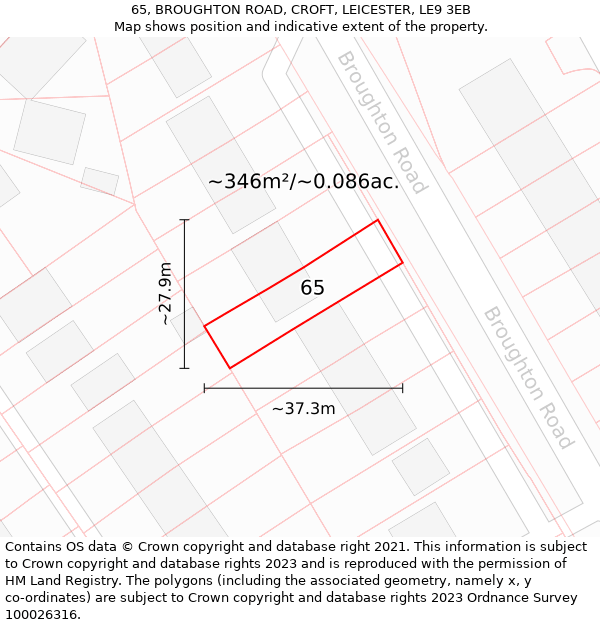 65, BROUGHTON ROAD, CROFT, LEICESTER, LE9 3EB: Plot and title map