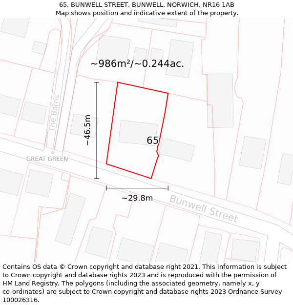 65, BUNWELL STREET, BUNWELL, NORWICH, NR16 1AB: Plot and title map