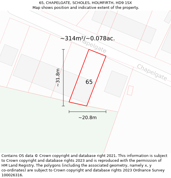 65, CHAPELGATE, SCHOLES, HOLMFIRTH, HD9 1SX: Plot and title map