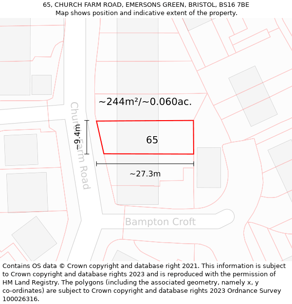 65, CHURCH FARM ROAD, EMERSONS GREEN, BRISTOL, BS16 7BE: Plot and title map