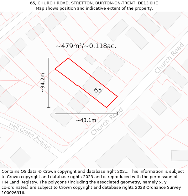 65, CHURCH ROAD, STRETTON, BURTON-ON-TRENT, DE13 0HE: Plot and title map