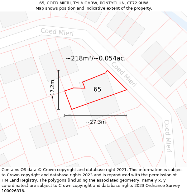 65, COED MIERI, TYLA GARW, PONTYCLUN, CF72 9UW: Plot and title map